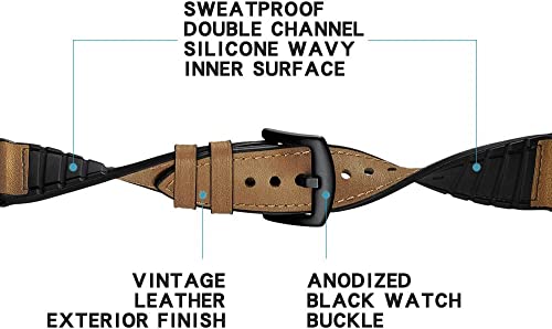 Leather Watch Band for Garmin Instinct/Instinct 2 Solar / Instinct3 45mm, Soft Genuine Leather with Silicone Sweatproof Wrist Strap for Garmin Instinct Tactical/Tide/Esports/Instinct Solar-Max Wrist 8.1"