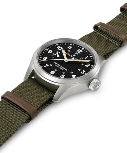 Hamilton Khaki Field Mechanical Mens Watch, 40mm Stainless Steel Case, Swiss Made, Black Dial Analog Wrist Watch for Mens 100 Meters Water resitance, Sapphire Crystal, 3-Hand Movement, NATO Strap