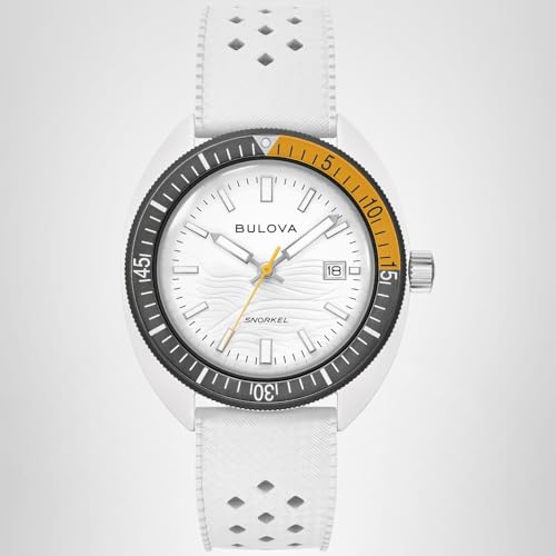 Bulova Men's Oceanographer Snorkel Ceramic Case and White Perforated Rubber Strap Watch, Day Date 100M WR