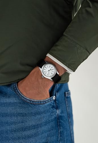 Hamilton Khaki Field Mechanical Men's Watch, 38mm Stainless Steel Case, Swiss Made, White Dial Analog Wrist Watch for Men, 50m Waterproof, Sapphire Crystal, Textile Strap