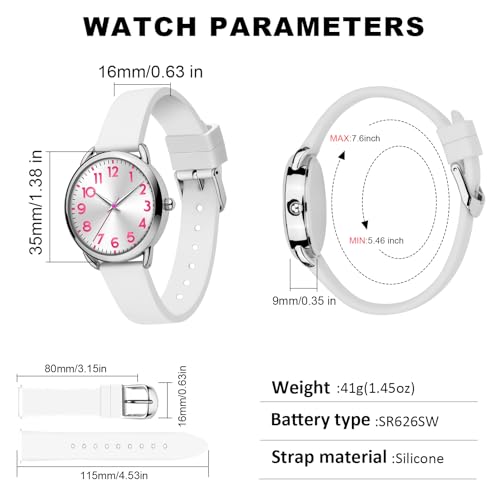 Bisley 35MM White Watch for Women Silicone Strap Pink Arabic Numeral Easy to Read Waterproof Watch Fit for Any Wrist Size