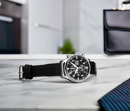Stuhrling Original Navigator Chrono 4075 Men’s Pilot Chronograph – 43mm Case, Sunray Dial, Luminous Markers, Quartz, Mineral Crystal, Leather Strap, 50M Water Resistant