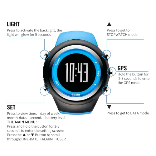 EZON GPS Running Watch with Distance Pace Alarm and Calorie Counter and Stopwatch for Men (Blue)