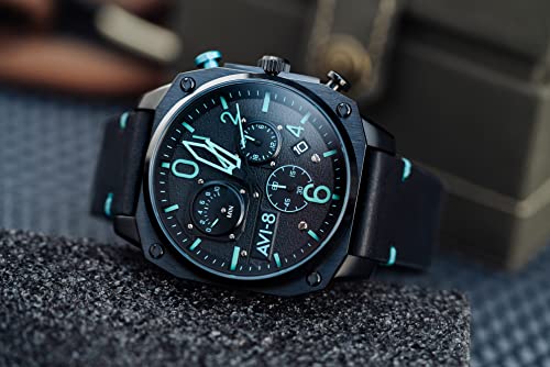 AVI-8 Mens 45mm Hawker Hunter Retrograde Chronograph Blue Diamond Japanese Quartz Pilot Watch with Leather Strap AV-4052-05