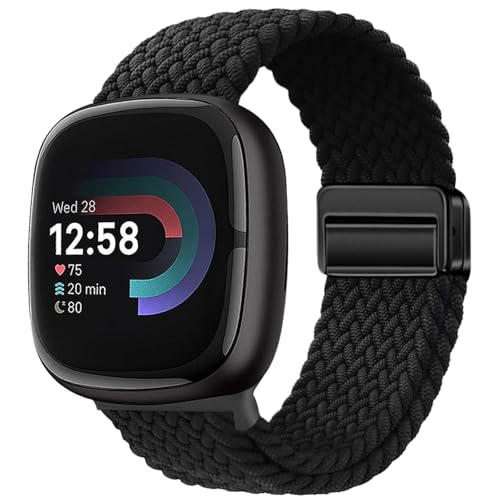 Braided Magnetic Bands Compatible with Fitbit Versa 4/Fitbit Versa 3/Sense 2/Sense 1,Soft Stretchy Elastic Nylon Sport Loop Strap for Women Men (Black)