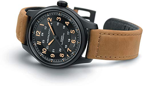 Hamilton Khaki Field Titanium Automatic Men's Watch, 42mm Titanium Case, Swiss Made, Black Dial Analog Wrist Watch for Men, 100m Waterproof, Sapphire Crystal, 3-Hand Movement, Cow Leather Strap