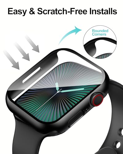 Smiling 2 Pack Case Compatible with Apple Watch Series 9 (2023)/Series 8 /Series 7 45mm with Tempered Glass Screen Protector, Hard PC Overall Protective Cover- Black