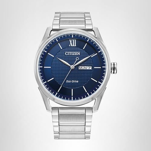 Citizen Men's Classic Eco-Drive Watch with 3-Hand Day and Date, Stainless/ Blue Dial