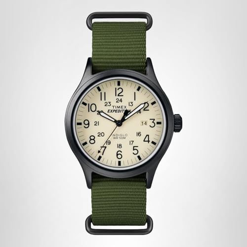 Timex Men's Expedition Scout 40mm Watch – Black Case Cream Dial with Green Fabric Strap