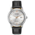 Citizen Men's Eco-Drive Classic Watch in Stainless Steel with Black Leather Strap, Silver Dial (Model: AW1236-03A)
