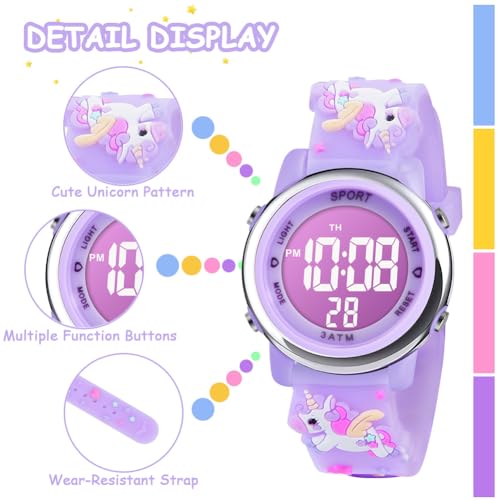 Vicloon Kids Watch, Toddler Digital Watch, Digital Watch LED Electrical Watches 7 Color Lights Watch Sport Outdoor with Alarm Stopwatch Unicorn Toys Gift for 6-12 Year Girls Children Wristwatch
