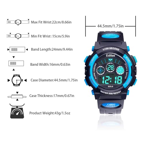 Edillas Boys Watch Digital, 7 Colors LED Lights 50M Waterproof Wristwatches for Child Sport Outdoor Multifunctional with Stopwatch/Alarm for Kids Ages 7-15