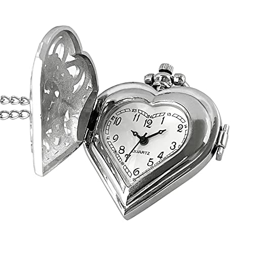 VIGOROSO Women's Pocket Watch, Analog Display, Quartz Movement, Silver Stainless Steel, Heart Pendant Necklace, Unisex Accessory, Valentines Day Gifts