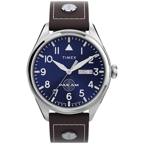 Timex Men's X Pan Am Day-Date 42mm Watch - Brown Strap Blue Dial Stainless Steel Case