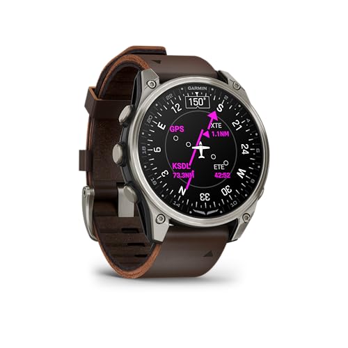 Garmin D2™ Mach 2 – 47 mm, Premium Aviator Smartwatch with GPS, Advanced Flight Maps, LED Flashlight, Built-in Microphone/Speaker for Calls and Texts, Titanium with Oxford Brown Leather Band