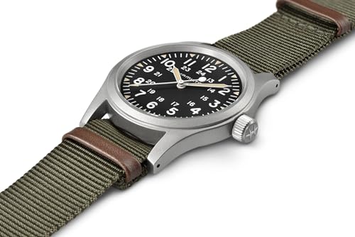 Hamilton Khaki Field Mechanical Men's Watch, 38mm Stainless Steel Case, Swiss Made, Black Dial Analog Wrist Watch for Men, 50m Waterproof, Sapphire Crystal, Textile Strap
