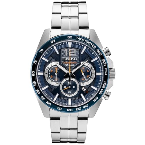 SEIKO SSB345 Watch for Men - Essentials - with Quartz Chronograph, Tachymeter Bezel, Blue Ion-Finish, Date Calendar, Stainless Steel Case and Bracelet, and 100m Water-Resistant