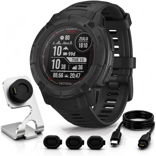 Garmin Instinct 2X Solar Tactical Edition, Solar Charging, Rugged GPS Smartwatch, Built-in Flashlight, Ballistics Calculator, Black 010-02805-13 Bundle with Deco Essentials Charging Dock Kit