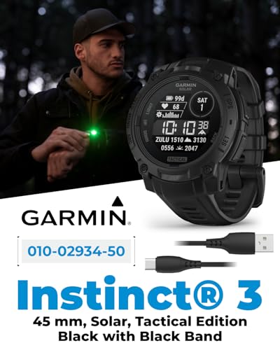 Wearable4U Garmin Instinct 3 Tactical Edition, Solar Charging Display, 45mm, Rugged Outdoor GPS Smartwatch, Applied Ballistics Support, LED Flashlight, Multi-Band GPS Black Earbuds Bundle