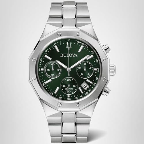 Bulova Men's Classic 6-Hand Chronograph High Performance Quartz Silver Stainless Steel Watch, Green Dial,Geometric Bezel 24 Hour Time, 44mm, Style:96B409