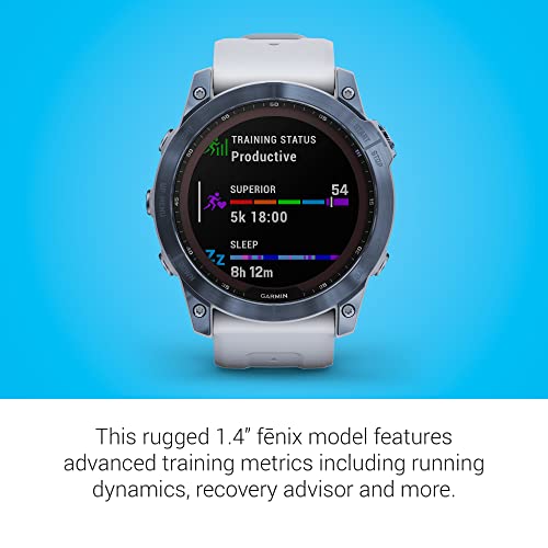 Garmin Fenix 7X Sapphire Solar, Adventure Smartwatch, w/Solar Charging Capabilities, Rugged Outdoor GPS Watch, Touchscreen, Wellness Features, Mineral Blue Titanium w/Whitestone Band (Renewed)