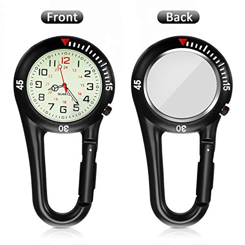 Hicarer 2 Pieces Clip on Quartz Watch Backpack Fob Belt Glow in The Dark Unisex Pocket Watch with White Dial for Doctors Nurses Outdoor Activities(Black)