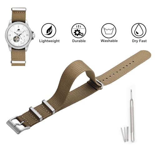 BISONSTRAP Nylon Watch Bands for Men, One-Piece Military Watch Straps, 20mm, Khaki Tan (Silver Buckle)