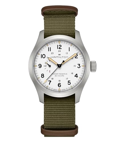 Hamilton Khaki Field Mechanical Mens Watch, 40mm Stainless Steel Case, Swiss Made, White Dial Analog Wrist Watch for Mens 100 Meters Water resitance, Sapphire Crystal, 3-Hand Movement, NATO Strap