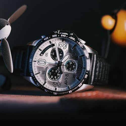 AVI-8 P-51 Mustang Blakeslee Men's Chronograph Pilot Watch – Japanese Meca-Quartz Movement, 43mm Stainless Steel Case, Leather Strap, AV-4077-01