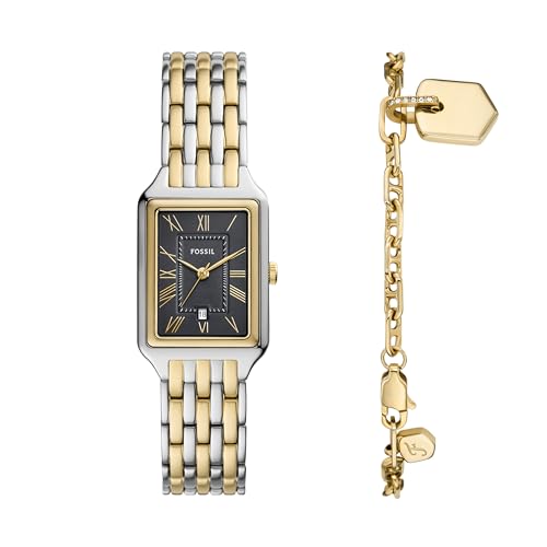 Fossil Women's Watch and Bracelet Set, Raquel Three-Hand Date Two-Tone Stainless Steel Watch for Women and Bracelet