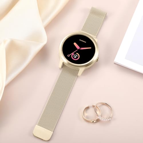 20mm Metal Bands Compatible with Garmin Vivoactive 5/Vivoactive 6/3 Watch Bands, Soft Stainless Steel Strap Replacement Wristband for Venu Sq 2/ Forerunner 55/245 Watch Band Women Men, Champagne