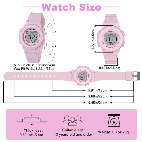 SOCICO Kids Digital Watches for Girls Boys, 7 Color Lights Waterproof Sport Outdoor Wristwatch with Stopwatch, Alarm, Date, Great Gift for Child Ages 5-12