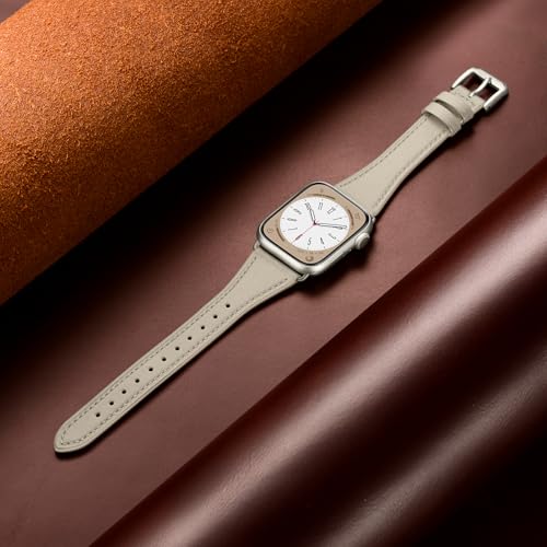 XCCYBTT Slim Leather Bands Compatible with Apple Watch Band 42mm 41mm 40mm 38mm, Genuine Leather Replacement Strap for iWatch Series 11/10/9/8/7/6/5/4/3/2/1 SE 3/2/1 Women, Starlight/Starlight