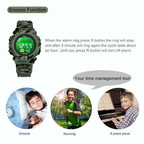 Facasu Camo Sports Watch for Boys-Waterproof Kids Digital Watch with Colorful Light, Alarm&Snooze,Stopwatch Military Design Silicone Band Gift for Birthdays,Christmas(8+ Years)