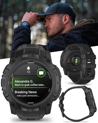 Wearable4U Garmin Instinct 3 Tactical Edition, AMOLED Display, 50mm, Rugged Outdoor GPS Smartwatch, Applied Ballistics Support, LED Flashlight, Multi-Band GPS, 10 ATM Black Earbuds Bundle