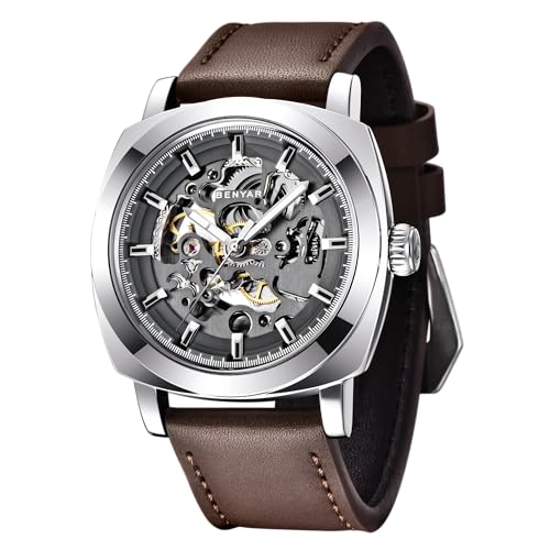 BENYAR Men's Automatic Mechanical Watch Leather Strap Gold Movement 45mm Skeleton Dial Water Resistant Scratch Resistant Elegant Gift for Men, Grey 1, Strap