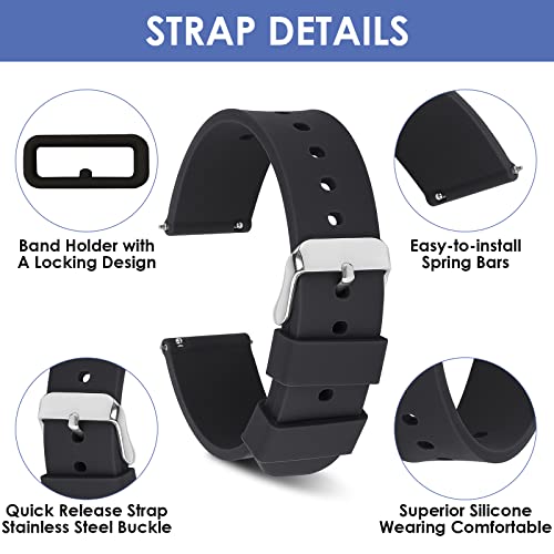 Cobee Silicone Watch Bands, Quick Release Waterproof Soft Rubber Replacement Straps with Silver Plated Stainless Steel Buckle Smart Watch Straps Sport Watchbands for Men Women (20mm-Black)