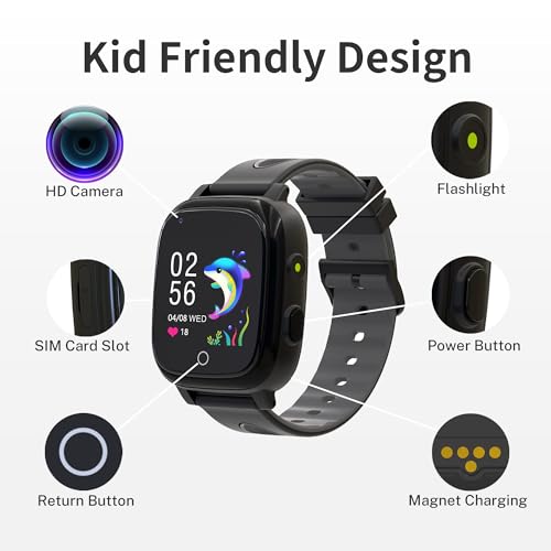 AIWIEP 4G Kids Smart Watch Boys with GPS Tracker Phone/Video Call Alarm SOS Camera Pedometer Stopwatch Caculator Flashlight GPS Watch for Kids Age 5-12