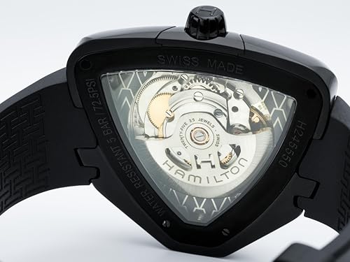 Hamilton Ventura Automatic Men's Watch, 42mm x 45mm Stainless Steel Case, Swiss Made, Black Dial Analog Wrist Watch for Men, 50m Waterproof, Sapphire Crystal, 3-Hand Movement, Rubber Strap