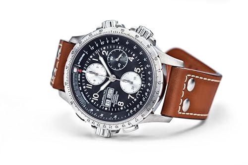 Hamilton Khaki Aviation Automatic Men's Watch, 44mm Stainless Steel Case, Swiss Made, Black Dial Analog Wrist Watch for Men, 100m Waterproof, Sapphire Crystal, Cow Leather Strap