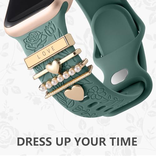 DaQin Flower Engraved Band Compatible with Apple Watch Bands for Women 40mm 38mm 41mm 42mm, Soft Silicone Strap With Dressy Decorative Apple Watch Charms for iWatch Series 11 10 9 8 7 6 5 4 3 2 1 SE