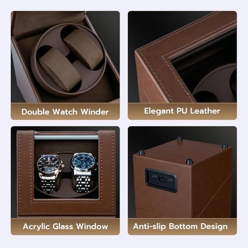 Mcbazel Watch Winder for Automatic Watches, Double Automatic Watch Winder Box with Quiet Japan-made Motor, Automatic Watch Display Storage Rotation Wristwatch Box with 2 Slots (Brown PU Leather)