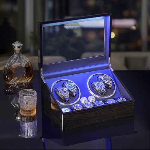 ANWBROAD Watch Winder for Automatic Watches 4 Watch Rotator and 6 Extra Storages with Super Quiet Motor LED Backlight Piano Paint Watch Shaker 4 Rotating Modes USB UJWW002E