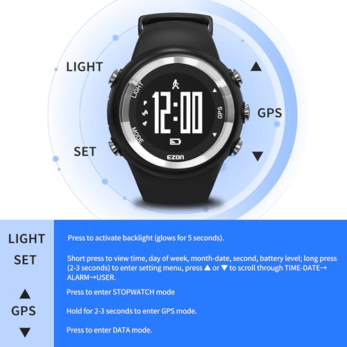 EZON GPS Running Watch with Distance Pace Alarm and Calorie Counter and Stopwatch for Men T031B01 Black