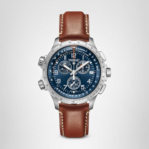 Hamilton Khaki Aviation X Quartz Men's Watch, 46mm Stainless Steel Case, Swiss Made, Blue Dial Analog Wrist Watch for Men, 100m Waterproof, Sapphire Crystal, Cow Leather Strap