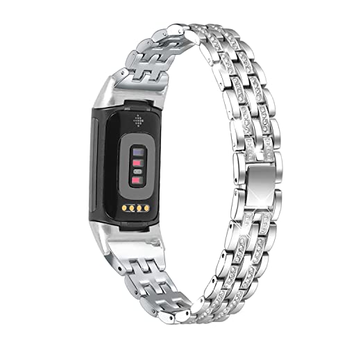 Mtozon Bling Bands Compatible with Fitbit Charge 6/Charge 5, Metal Bracelet Luxurious Rhinestone Replacement Wristband for Women, Silver
