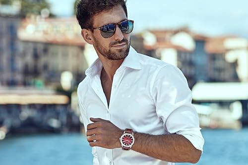 Perry Ellis Solar Powered Mens Watch | Vegan Leather Water-Resistant Analog Wrist Watches for Men | 42mm Case | Relojes para Hombres | Elegant Gift for Man (Red)