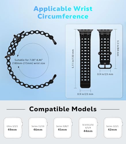 Astorgos Upgraded Ocean Band Compatible with Apple Watch Ultra 3/2/1 49mm,S11/S10 46mm,9/8/7 45mm,SE3/SE2/SE/6/5/4 44mm,3/2/1 42mm, Metal Connector Breathable Sport Watch Strap, Black/Black