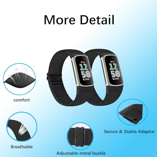 2 Pack Elastic Nylon Bands Compatible with Fitbit Charge 6 / Fitbit Charge 5, Classic Soft Breathable Adjustable Sport Smartwatch Replacement Wristband for Women Men (black+black)