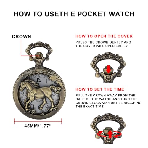 Realpoo Bronze Hollowed Out Horse Quartz Men's Pocket Watch, Arabic Numeral Dial with Chain Pocket Watch for Men